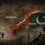Pakistan-Afghanistan border buffer zone concept illustration showing security fencing, Pakistani soldier on patrol, and militant silhouettes across rugged terrain highlighting counterterrorism strategy along the frontier