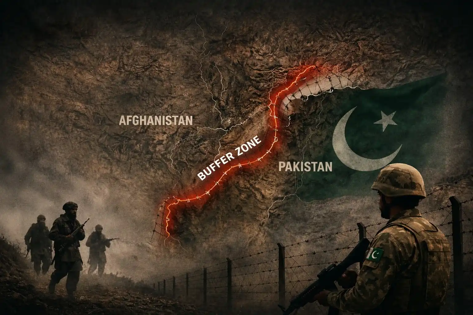 Pakistan-Afghanistan border buffer zone concept illustration showing security fencing, Pakistani soldier on patrol, and militant silhouettes across rugged terrain highlighting counterterrorism strategy along the frontier