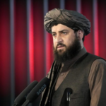 Afghanistan's Defence Minister Mullah Mohammad Yaqoob Mujahid addressing the audience.