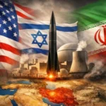 Illustration depicting rising Middle East tensions with the flags of the United States, Israel, and Iran surrounding a ballistic missile and nuclear facility, symbolizing strategic rivalry, nuclear deterrence, and regional security competition.