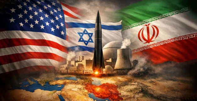 Illustration depicting rising Middle East tensions with the flags of the United States, Israel, and Iran surrounding a ballistic missile and nuclear facility, symbolizing strategic rivalry, nuclear deterrence, and regional security competition.