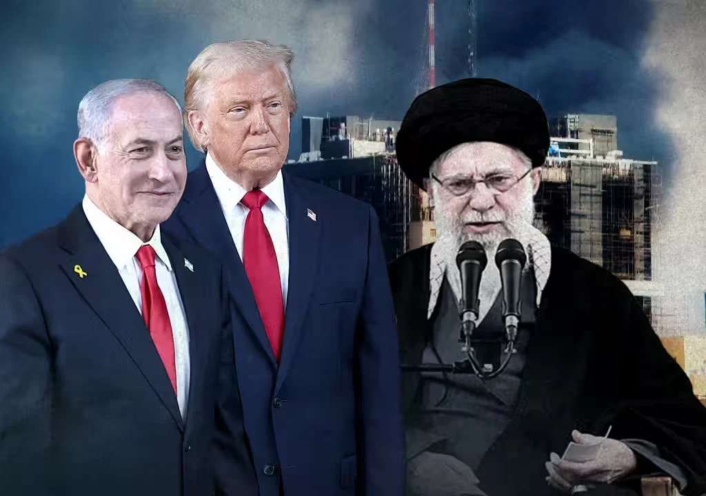 Netanyahu, Trump and the late Ayatollah Khamenei symbolising the geopolitical and ideological confrontation between Israel, the United States and Iran in the Middle East.”