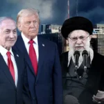 Netanyahu, Trump and the late Ayatollah Khamenei symbolising the geopolitical and ideological confrontation between Israel, the United States and Iran in the Middle East.”
