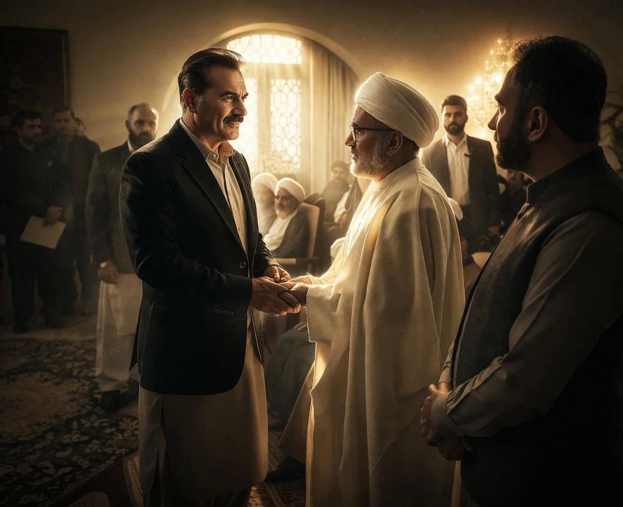 AI-generated illustration of Pakistan’s Field Marshal’s recent meeting with Shia clerics in a formal setting