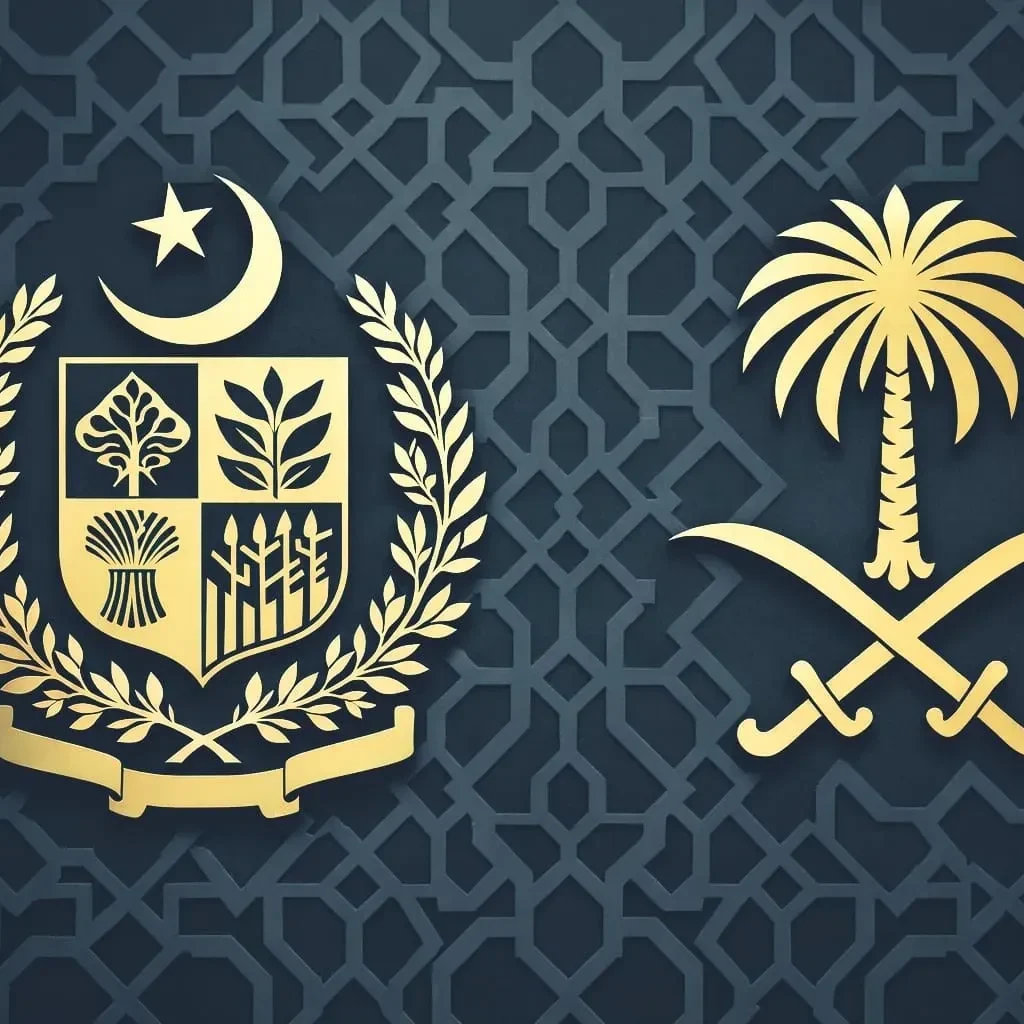 Pakistan and Saudi Arabia emblems symbolizing strategic defense cooperation