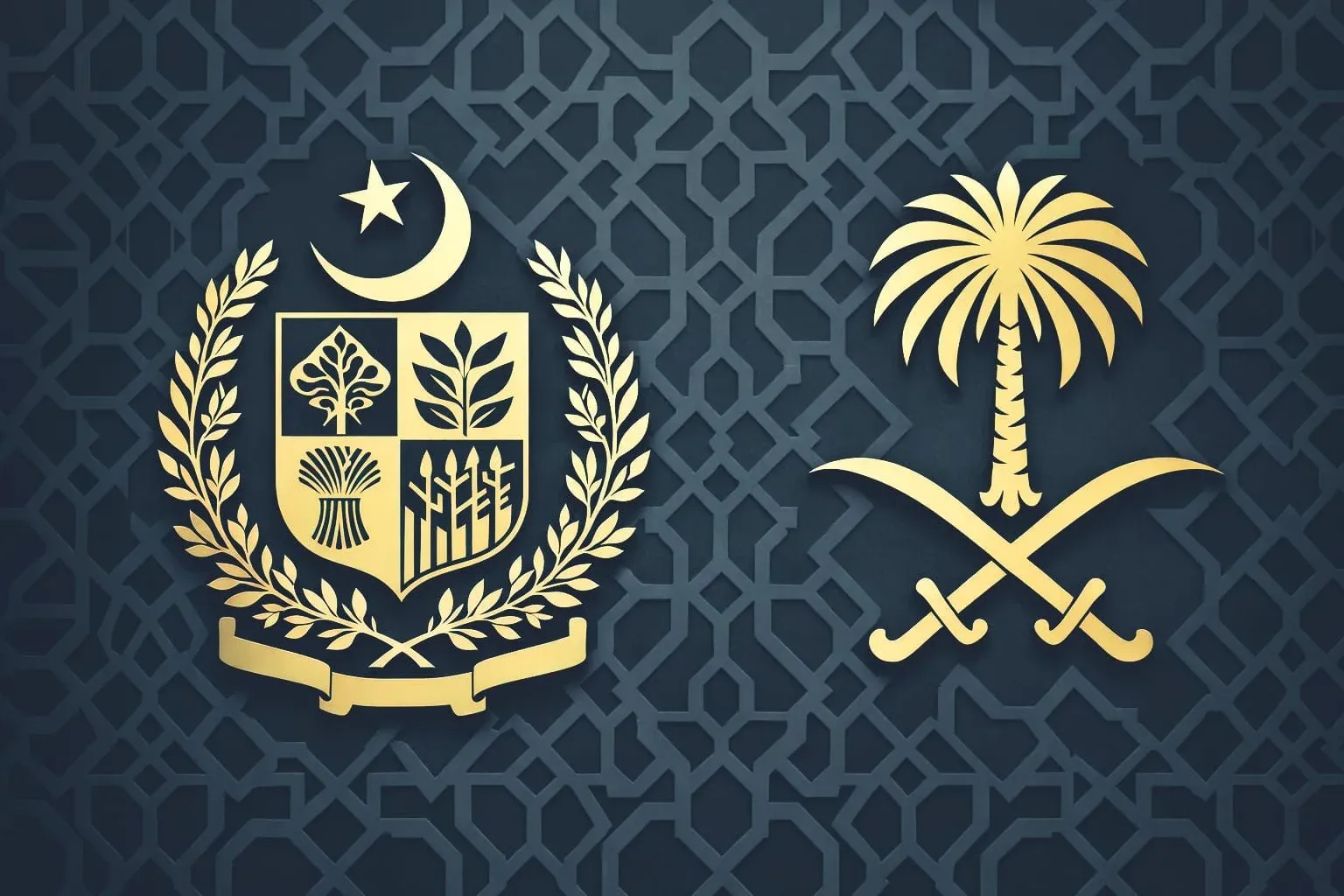 Pakistan and Saudi Arabia emblems symbolizing strategic defense cooperation