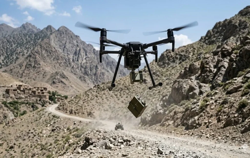 Armed drone carrying explosives over mountainous terrain in Pakistan, illustrating TTP’s adoption of drone warfare and evolving militant tactics