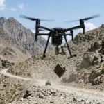 Armed drone carrying explosives over mountainous terrain in Pakistan, illustrating TTP’s adoption of drone warfare and evolving militant tactics