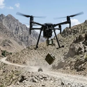 Armed drone carrying explosives over mountainous terrain in Pakistan, illustrating TTP’s adoption of drone warfare and evolving militant tactics