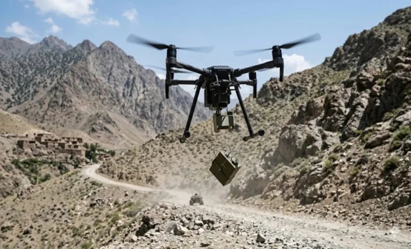 Armed drone carrying explosives over mountainous terrain in Pakistan, illustrating TTP’s adoption of drone warfare and evolving militant tactics