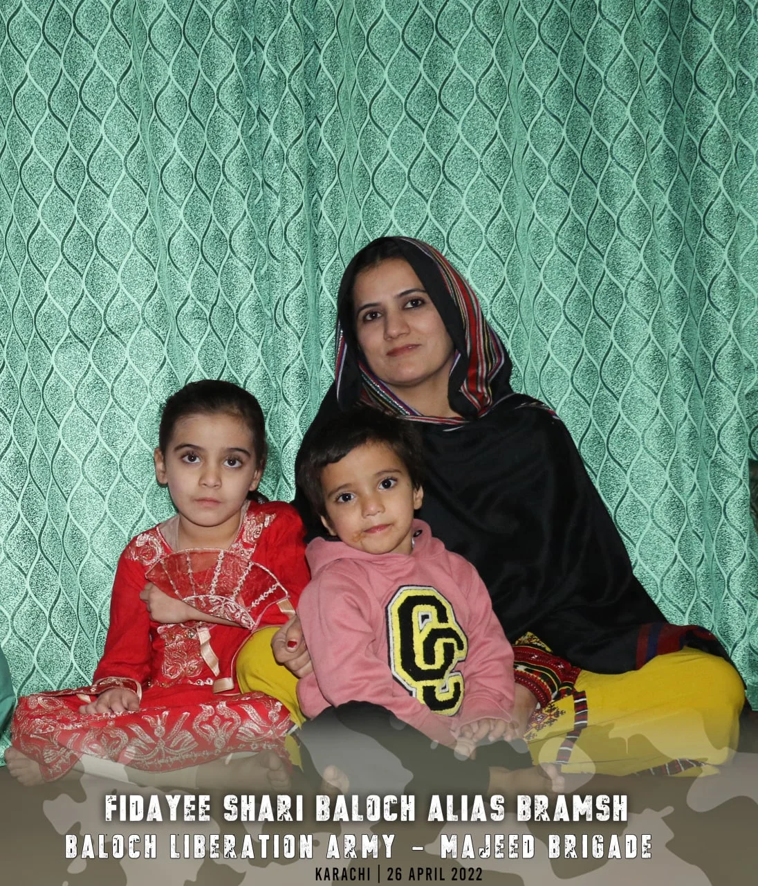 Shari Baloch (alias Bramsh), the first female suicide bomber of the Baloch Liberation Army (BLA) Majeed Brigade.