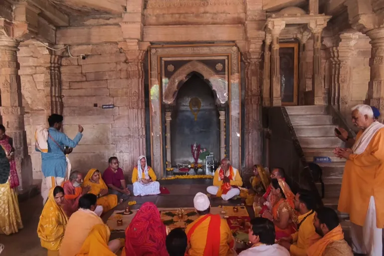 Hindus perform rituals inside the Bhojshala monument after the Madhya Pradesh High Court ruled that the Kamal Maula mosque in Dhar is a temple site for Hindus