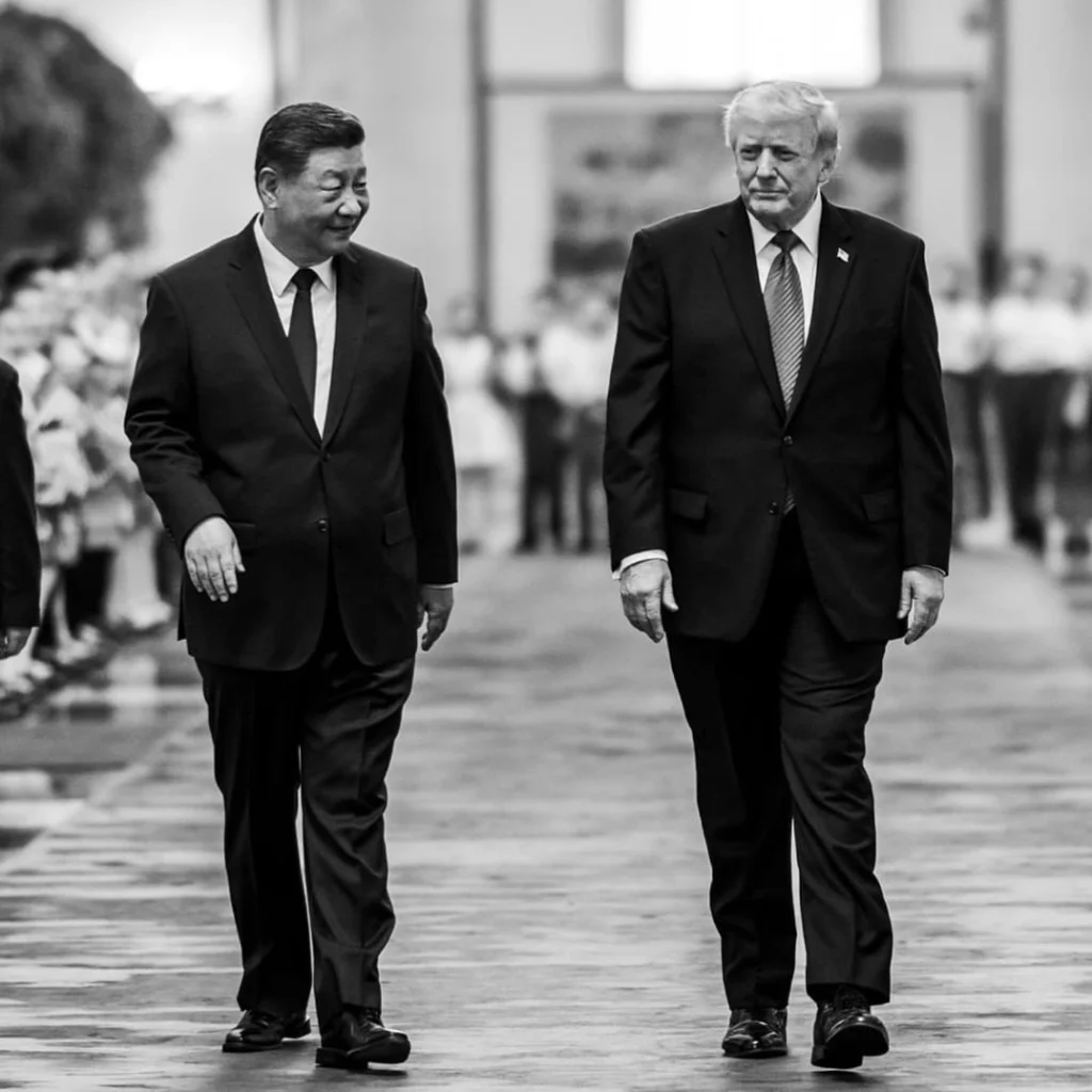 Chinese President Xi Jinping and U.S. President Donald Trump walking side-by-side during a formal diplomatic event in Beijing.
