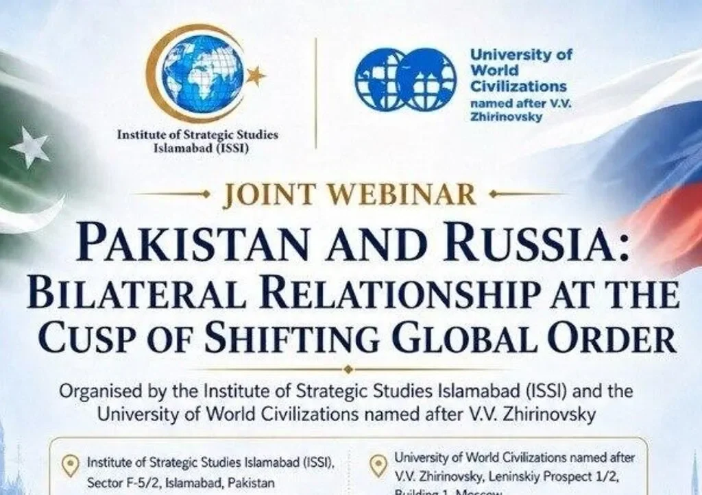 Speakers and diplomats participating in the ISSI and University of World Civilizations joint webinar on Pakistan-Russia bilateral relations