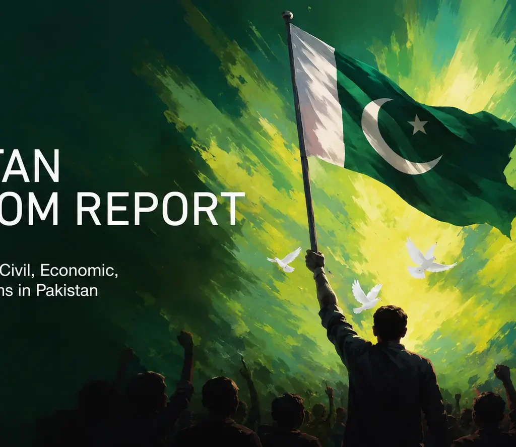 Pakistan Freedom Report 2026 cover, published by MISHAL Pakistan and the Institute of Strategic Studies Islamabad, assessing political, civil, economic, and digital freedoms in Pakistan.