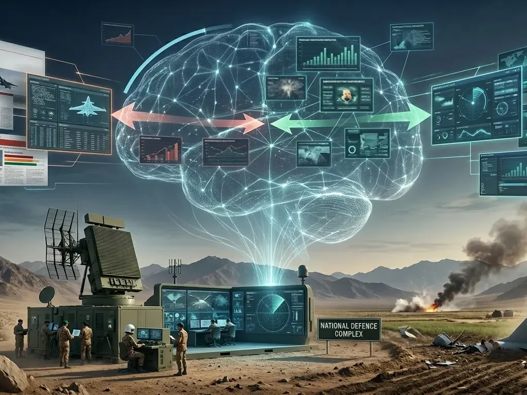 Visual representation of modern warfare where military operations, media narratives, and digital information campaigns intersect in the cognitive domain.