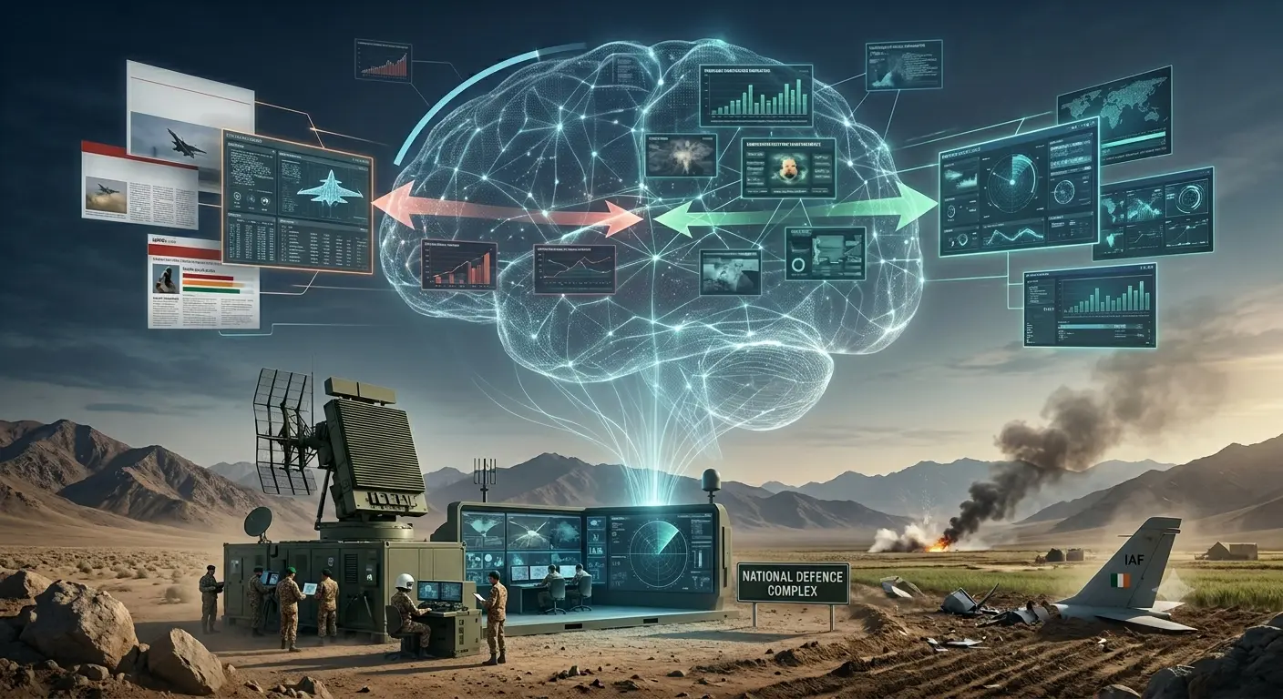 Visual representation of modern warfare where military operations, media narratives, and digital information campaigns intersect in the cognitive domain.