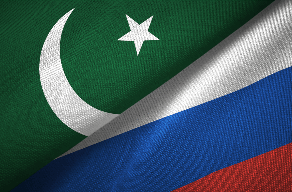 Once separated by Cold War rivalries and competing alliances, Pakistan and Russia are increasingly finding common ground in energy, connectivity, counterterrorism, and regional diplomacy, symbolized by their national flags displayed together.