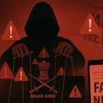 A hooded figure surrounded by social media logos, warning symbols, and fake news headlines symbolizes the spread of online misinformation and disinformation across digital platforms.