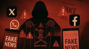 A hooded figure surrounded by social media logos, warning symbols, and fake news headlines symbolizes the spread of online misinformation and disinformation across digital platforms.