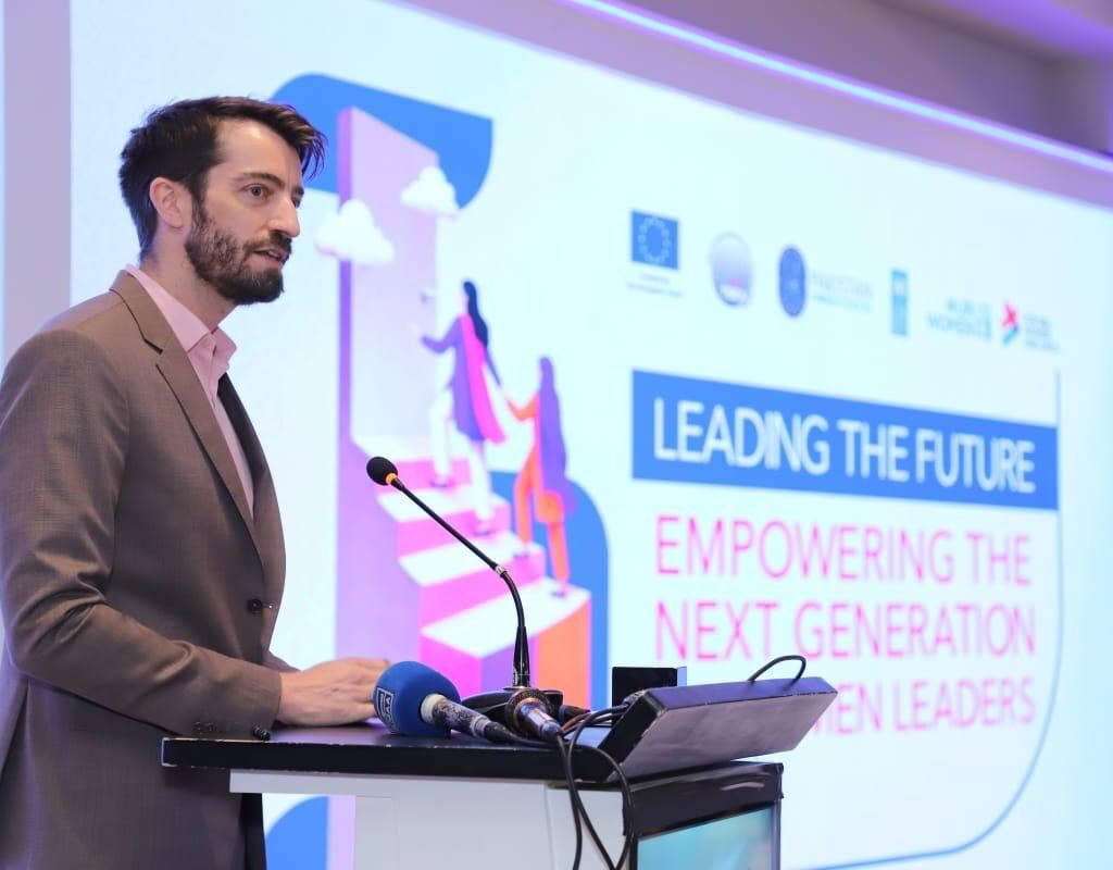 Dr. Sebastien Lorion, Acting Head of Cooperation at the European Union Delegation to Pakistan, speaks during the launch of the Pakistan Women Leaders Mentorship Programme in Islamabad.