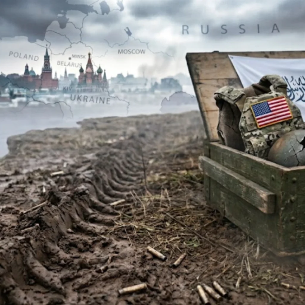 A weathered crate of abandoned US military equipment beside the flag of Taliban-controlled Afghanistan, with Moscow's skyline emerging through a misty map of Eastern Europe.