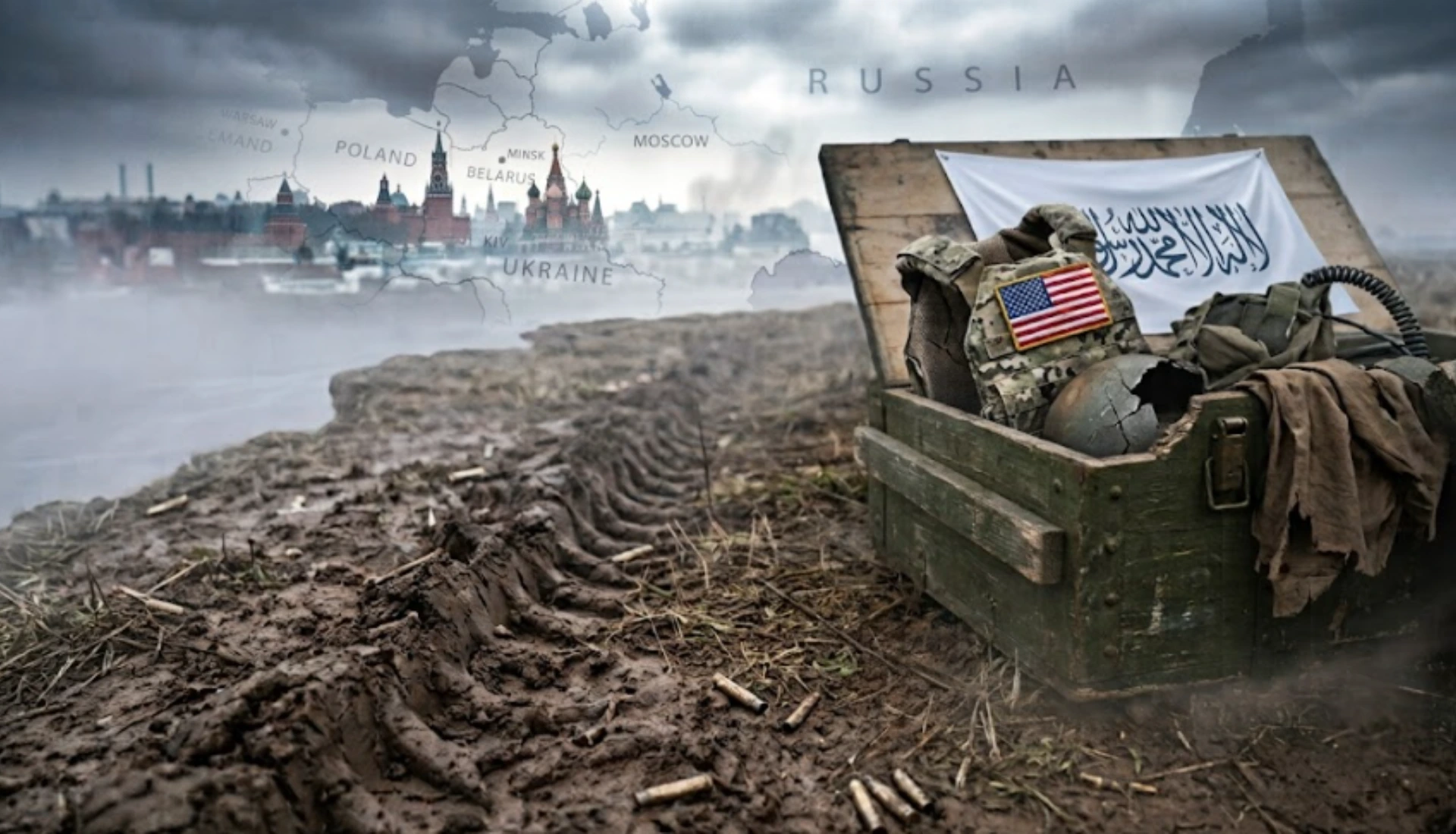 A weathered crate of abandoned US military equipment beside the flag of Taliban-controlled Afghanistan, with Moscow's skyline emerging through a misty map of Eastern Europe.