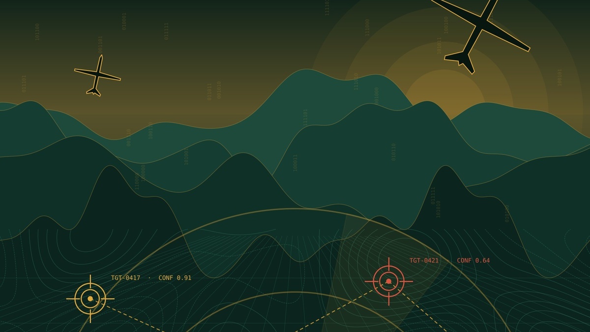Illustration of drones over mountain ridgelines with targeting markers, SAT Brief cover
