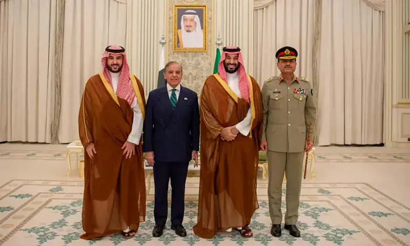 Saudi Arabia Crown Prince and Prime Minister Mohammed bin Salman, Defense Minister Khalid bin Salman, Prime Minister Shehbaz Sharif and Army Chief Field Marshal Gen Syed Asim Munir pose for a photograph after the signing of the Strategic Mutual Defense Agreement between Pakistan and the Kingdom of Saudi Arabia in Riyadh. Photo Source: APP