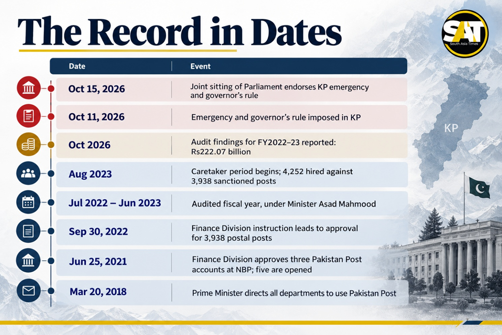 SAT infographic tracing key financial, administrative, and political developments in KP from 2018 to 2026, including Rs222.07 billion in audit findings and the imposition of emergency and governor’s rule.