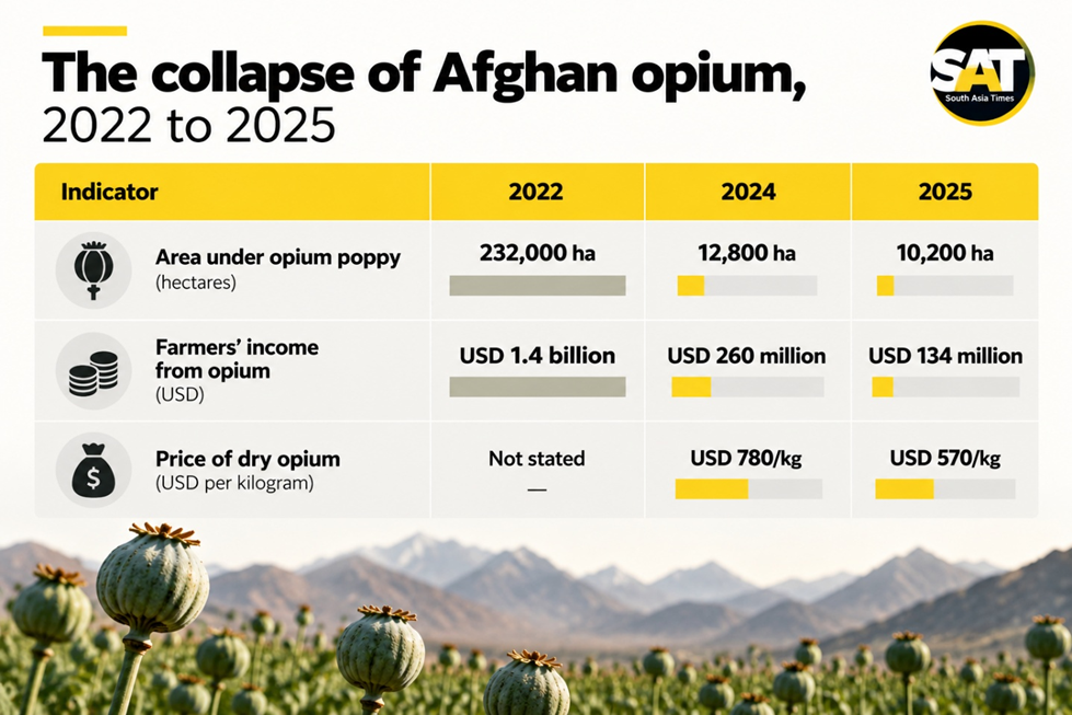 A visual showing three indicators of Afghanistan's opium economy across 2022, 2024 and 2025: the area cultivated, farmers' income and the price of dry opium, all falling sharply after the 2022 ban. Source. UNODC Afghanistan Opium Survey 2025 and UNODC figures reported by KabulNow.