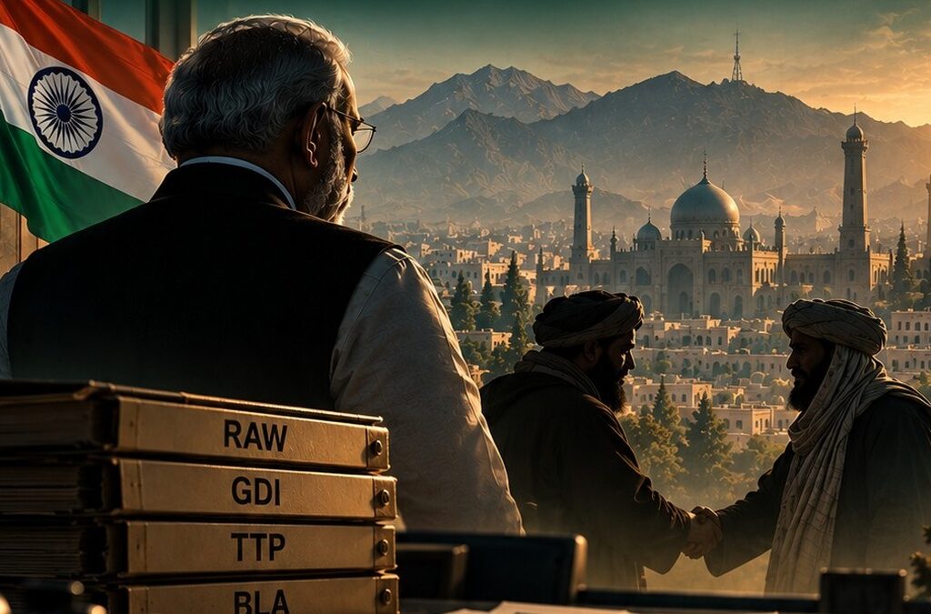 Illustration of an Indian official facing Kabul, with files labelled RAW, GDI, TTP and BLA, SAT Brief cover
