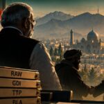 Illustration of an Indian official facing Kabul, with files labelled RAW, GDI, TTP and BLA, SAT Brief cover