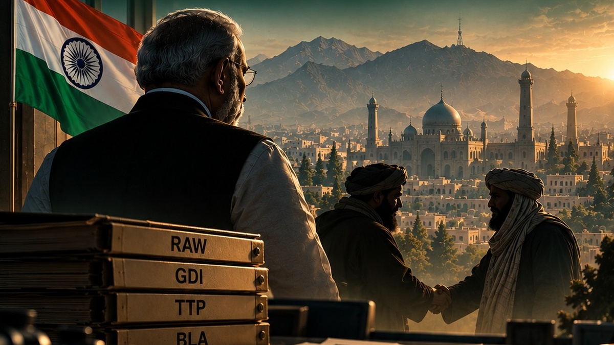 Illustration of an Indian official facing Kabul, with files labelled RAW, GDI, TTP and BLA, SAT Brief cover