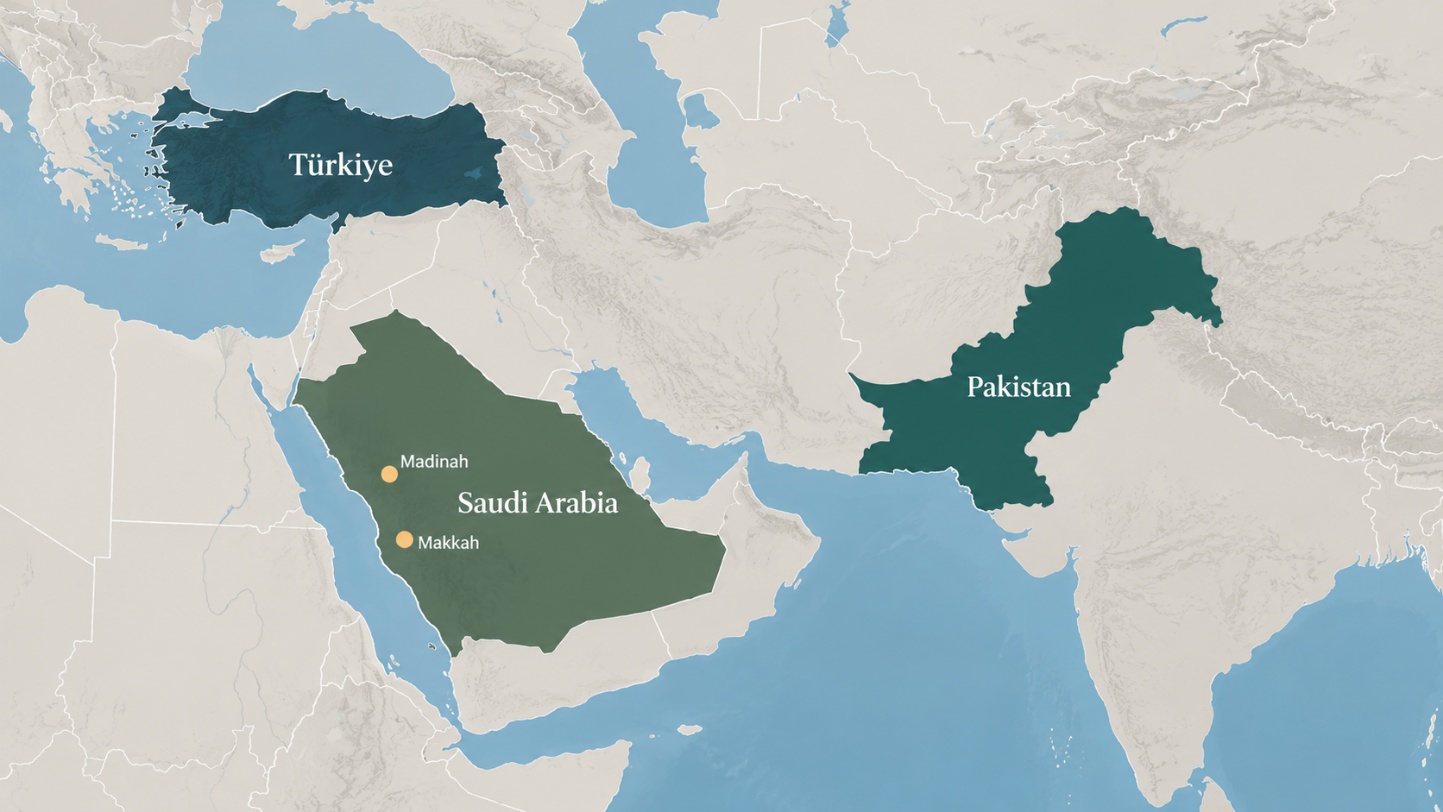 A map highlighting Pakistan, Saudi Arabia and Türkiye, with Makkah and Madinah marked. Source: SAT AI-enabled Creatives.