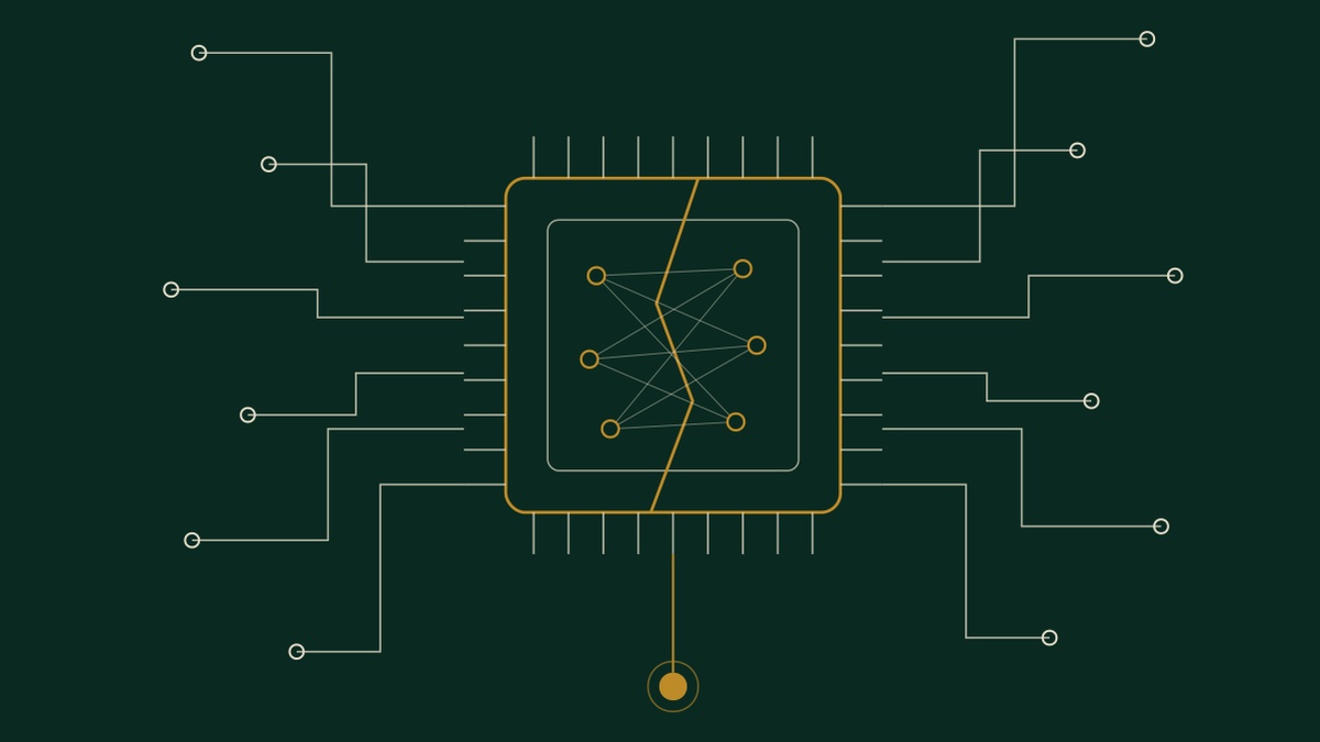 Line drawing of a split microchip with circuit traces, SAT Brief cover