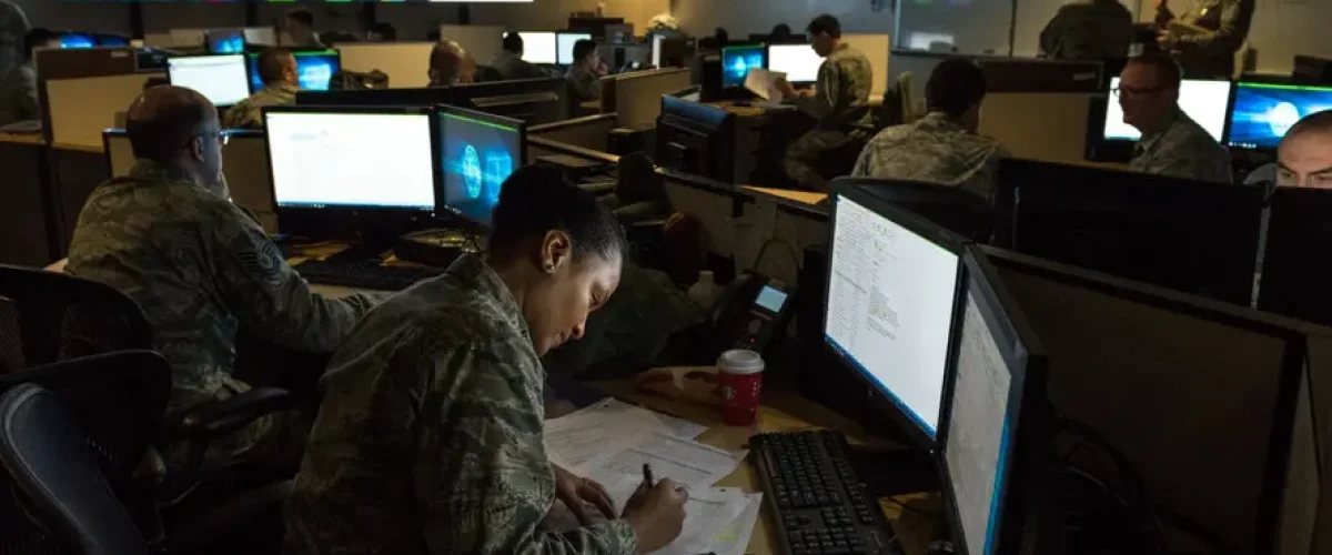 In December 2, 2017, cyber warfare operators monitor cyber attacks at Warfield Air National Guard Base in Middle River, MD.
