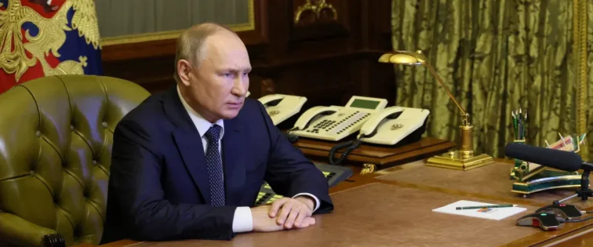 Vladimir Putin, the Russian President, participates in a virtual Security Council meeting from Saint Petersburg, Russia.