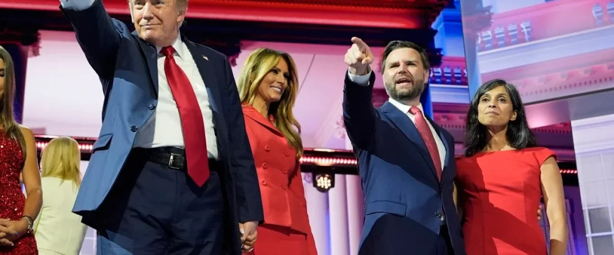 President-elect Trump with Melania, Senator JD Vance, and wife Usha at the RNC in Milwaukee, July 18. [Image via Carolyn Kaster / AP].