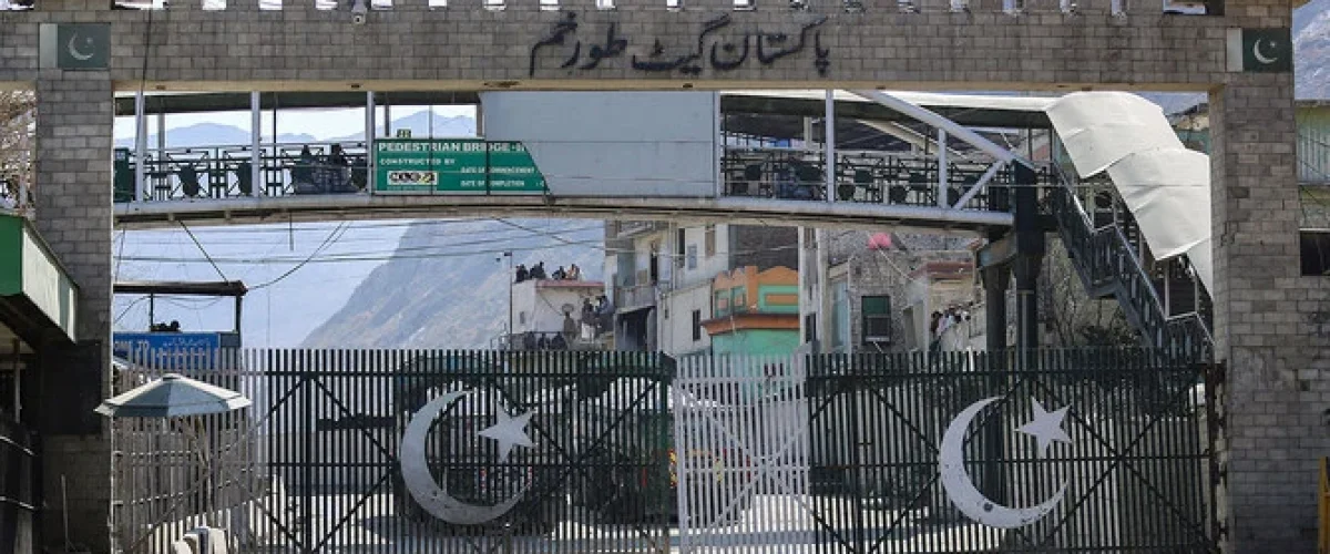 The closed Torkham gate at the Afghanistan-Pakistan border, seen from zero point in Nangarhar province, February 23, 2023. [Image via AFP/File].