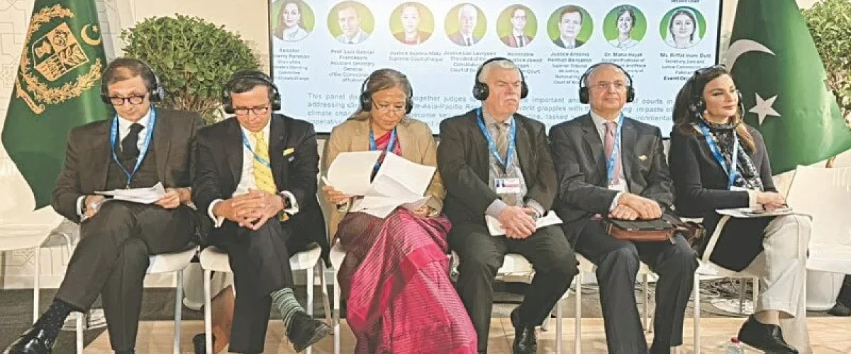 Pakistan advances climate justice at COP29, hosting panels on climate finance and judicial roles in global climate action. [Image via APP]