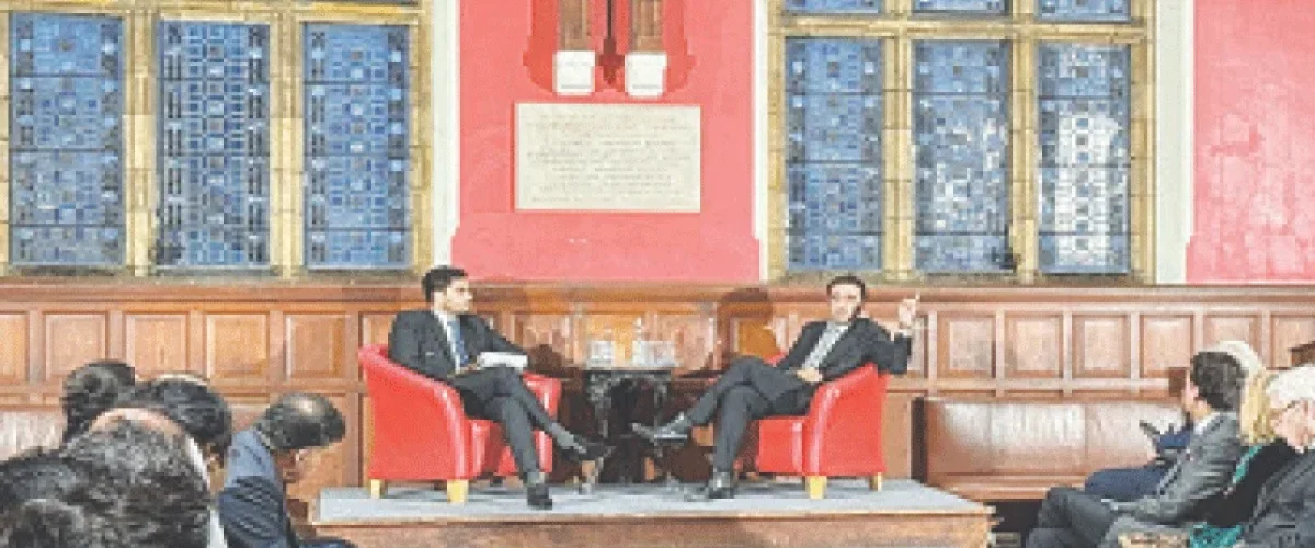 Bilawal Bhutto-Zardari criticizes Western hypocrisy on nuclear weapons in Oxford Union speech, honoring Benazir Bhutto’s legacy. [Courtesy Farid Qureshi]