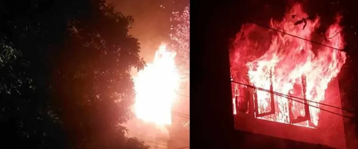 Protesters set fire to Sheikh Hasina's Sudha Sadan, clash at Bangabandhu's residence amid ongoing unrest in Dhaka. [Image via Bangla Tribune]