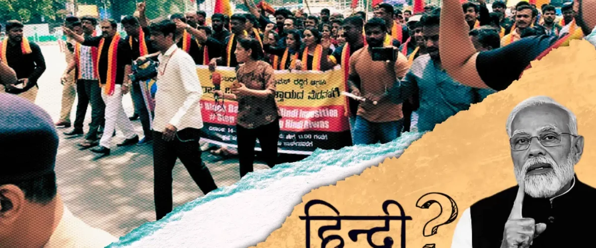 South and East India push back against BJP's Hindi imposition, defending linguistic freedom and cultural identity. [Image via SAT Creatives]