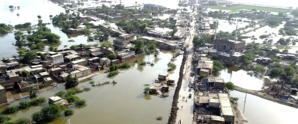 Gwadar's climate challenge: Aerial view of Gwadar, Balochistan, submerged under floodwaters after unprecedented rainfall, highlighting the catastrophic flooding