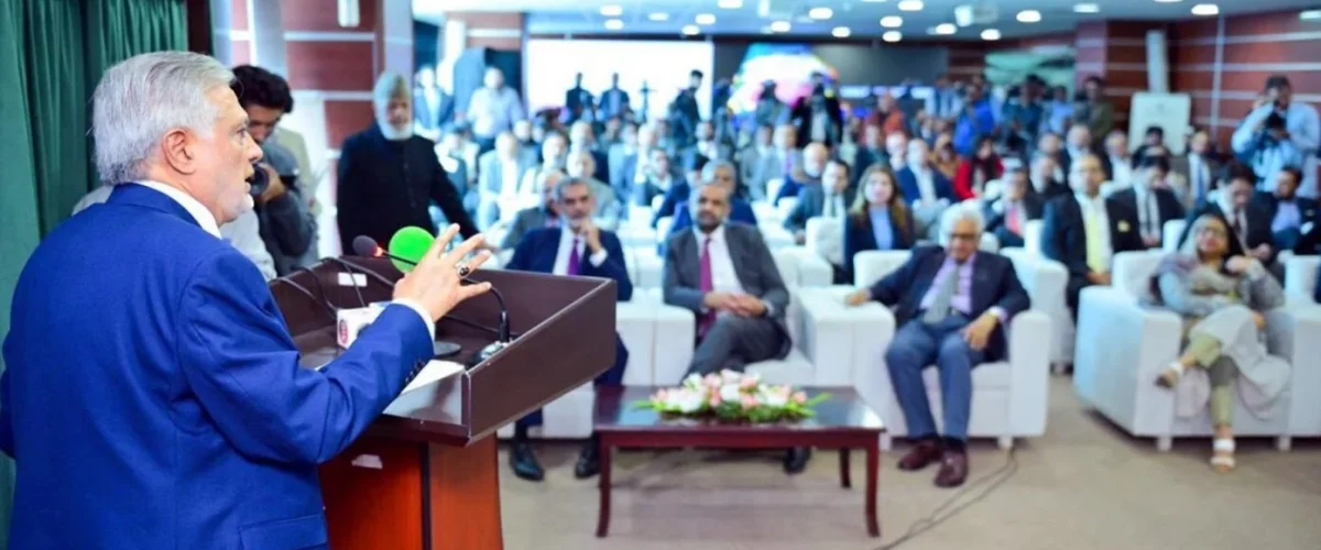 Deputy PM Ishaq Dar affirms Pakistan's economic growth, aims for G20 by 2030, and highlights CCP's role in fair competition. [Image via Profit]