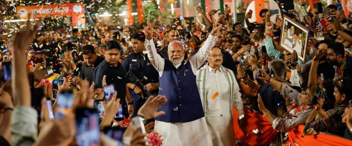 Modi's victory: Narendra Modi arrives at BJP headquarters in New Delhi on June 4. [Image via Adnan Abidi/Reuters]