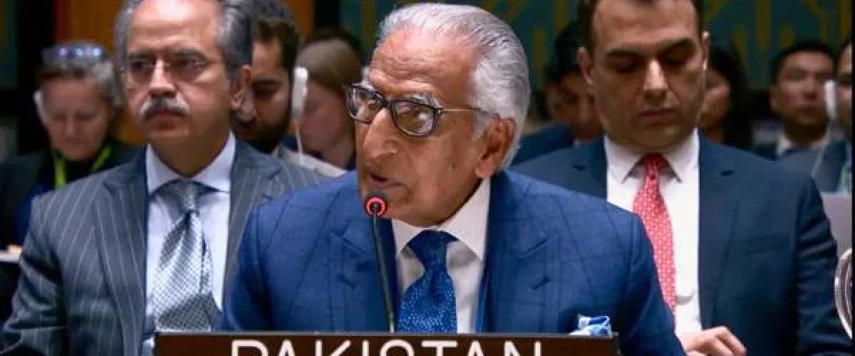 Pakistan urges UNSC to implement resolutions on Kashmir, emphasizing peace operations and geopolitical challenges. [Image via The Nation]