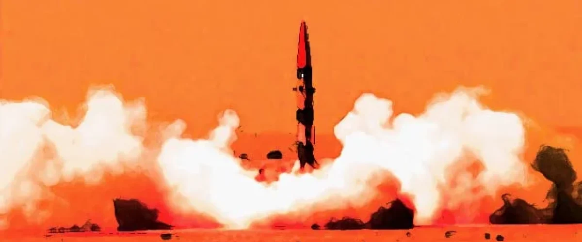 A missile launch amid clouds of smoke, representing Pakistan's missile program against an intense orange backdrop.