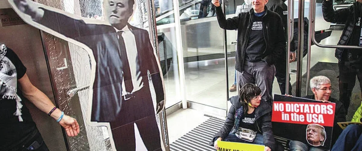 9 arrested in NYC demonstration targeting Elon Musk over federal job cuts under Trump, sparking nationwide Tesla protests. [Image via Reuters]